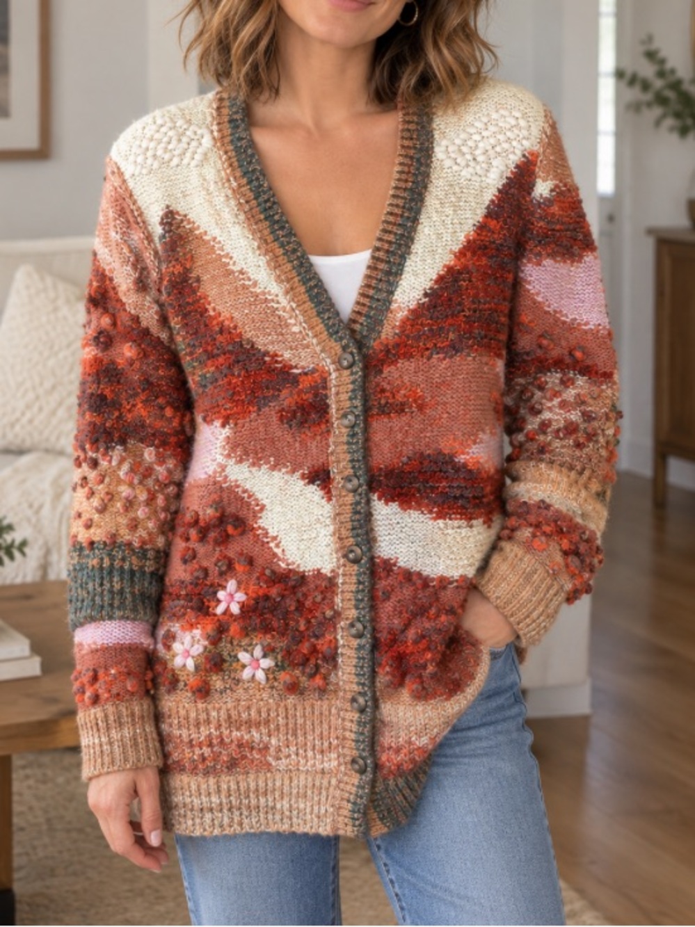 Anthropologie Multi-Color Embellished Knit wool blend Button-Front Cardigan